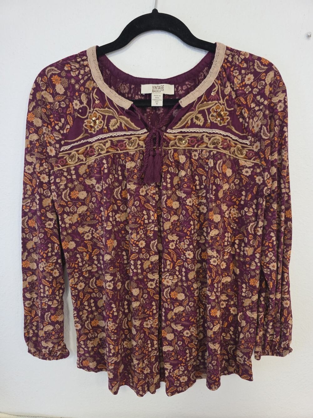 Vintage America Blouse Top Women Colorful Floral Boho Embroidered Sequin Medium
